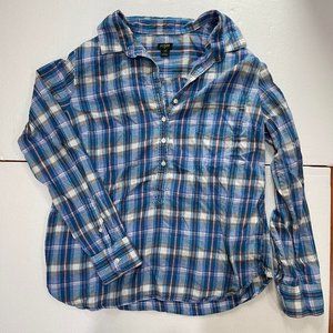J CREW 1/4 BUTTON Pullover Plaid Shirt Top size Large Blue
